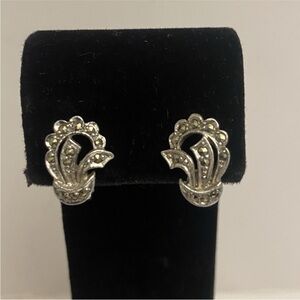Vintage Marcasite Crescent Clip On Earrings Silver in Color
